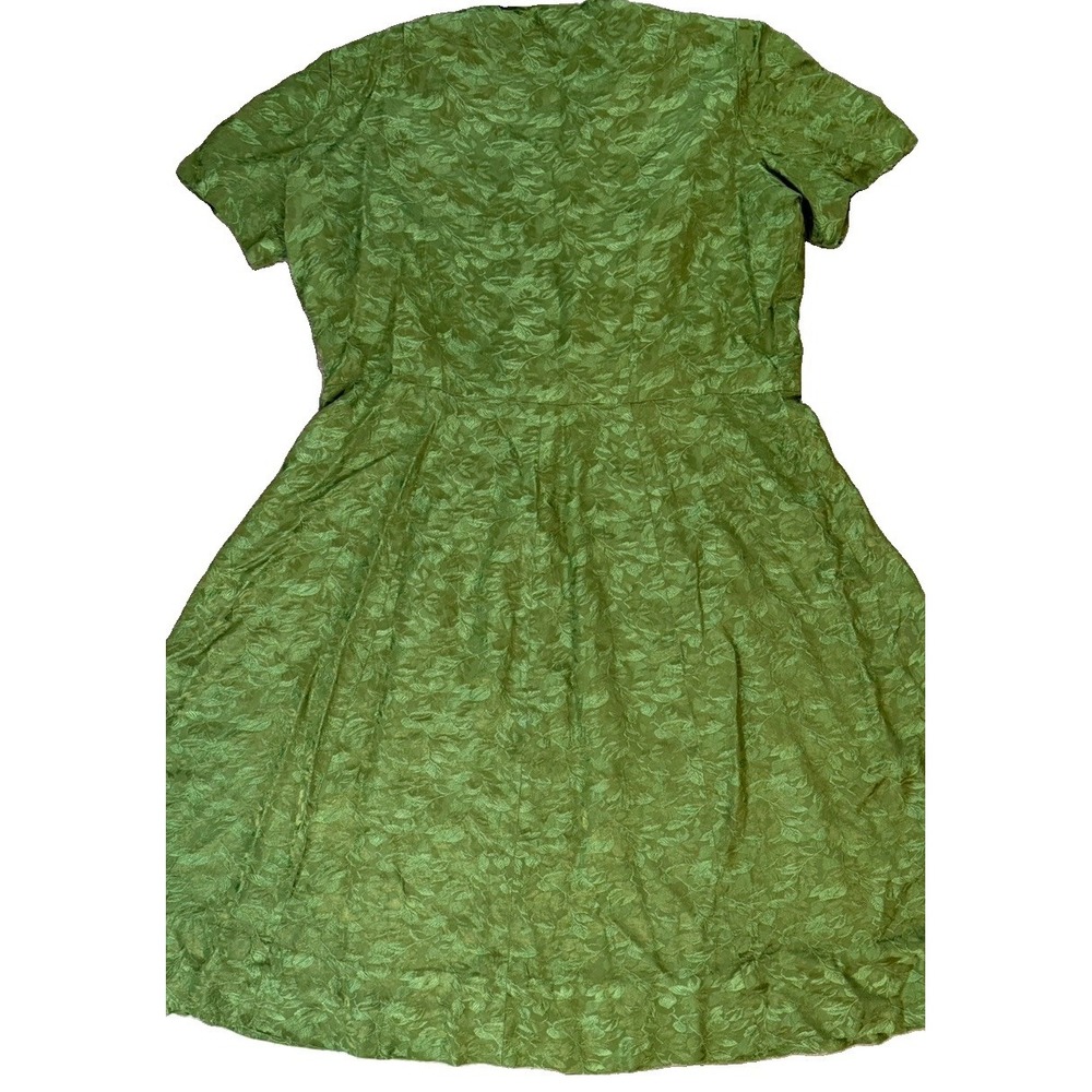 Vintage Green Jacquard Fit & Flare Dress Leaf Print Covered Buttons XL - Picture 2 of 7